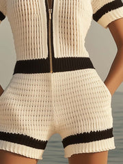 Women's Black Knit Jumpsuit with Short Sleeves and Front Zipper – Size M