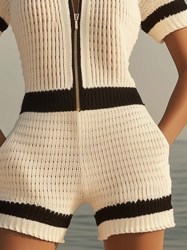 Women's Black Knit Jumpsuit with Short Sleeves and Front Zipper – Size M