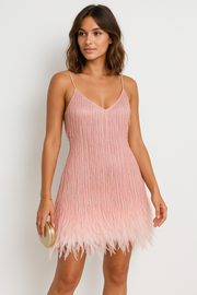 Women's Black Mini Dress with Feather Accents – Size S, Polyester Fabric