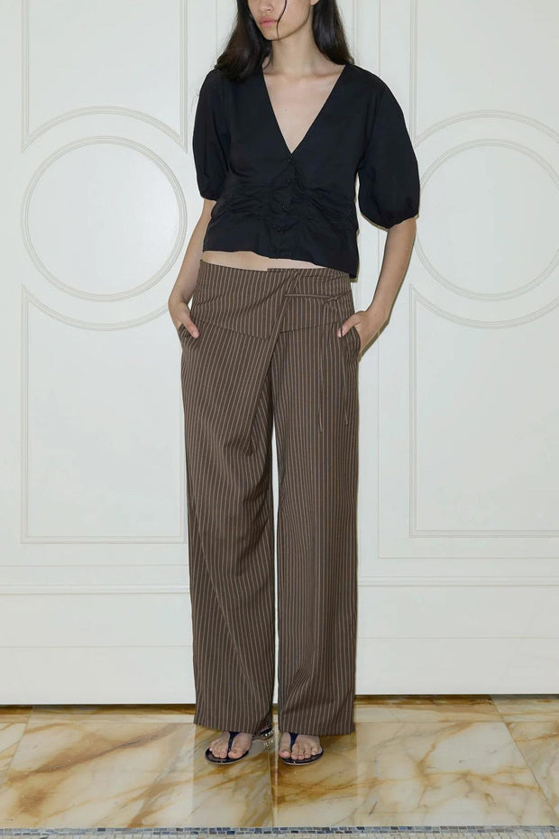 Women's Black Polyester Folded Stripe Pants - Relaxed Fit with Adjustable Tie