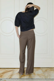 Women's Black Polyester Folded Stripe Pants - Relaxed Fit with Adjustable Tie