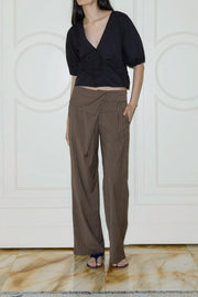 Women's Black Polyester Folded Stripe Pants - Relaxed Fit with Adjustable Tie