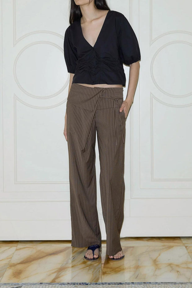 Women's Black Polyester Folded Stripe Pants - Relaxed Fit with Adjustable Tie