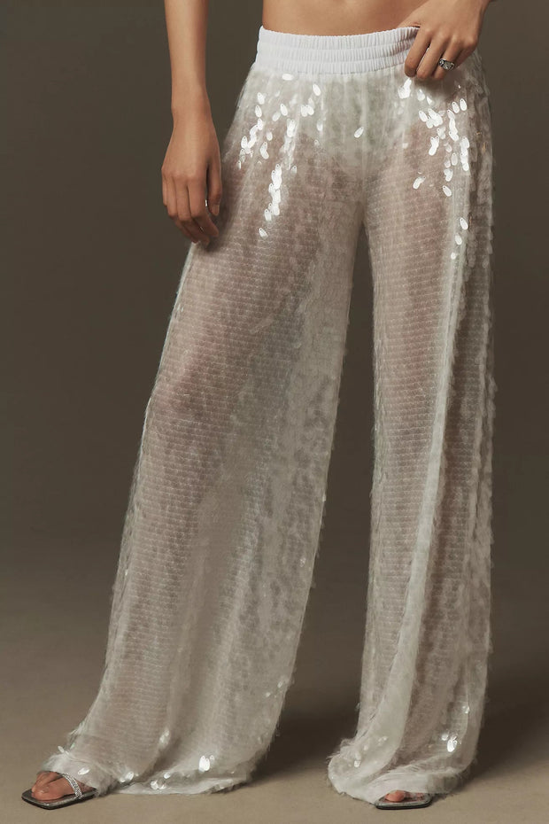 Women's Black Sequin Flared Pants - Chic Polyester Trousers for Stylish Occasions
