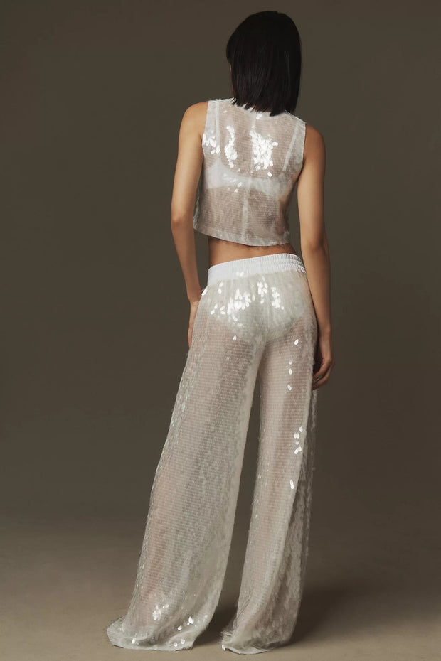 Women's Black Sequin Flared Pants - Chic Polyester Trousers for Stylish Occasions