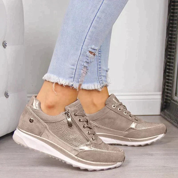 Women's Black Sneakers, Comfortable Leather and Mesh Design, Lace-Up Closure, Slip-Resistant Sole, Sizes 6-10