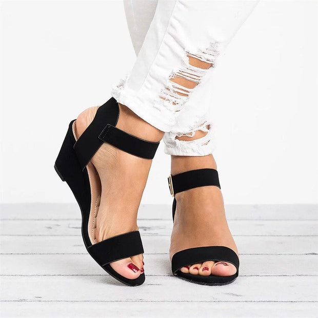 Women's Black Wedge Sandals with Adjustable Strap – Sizes 35-43, Comfortable Synthetic Footwear