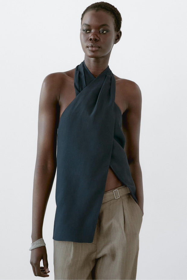 Women's Blue Halter Neck Top in Size M – Breathable Viscose and Linen Blend