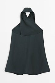 Women's Blue Halter Neck Top in Size M – Breathable Viscose and Linen Blend