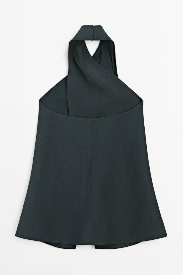 Women's Blue Halter Neck Top in Size M – Breathable Viscose and Linen Blend