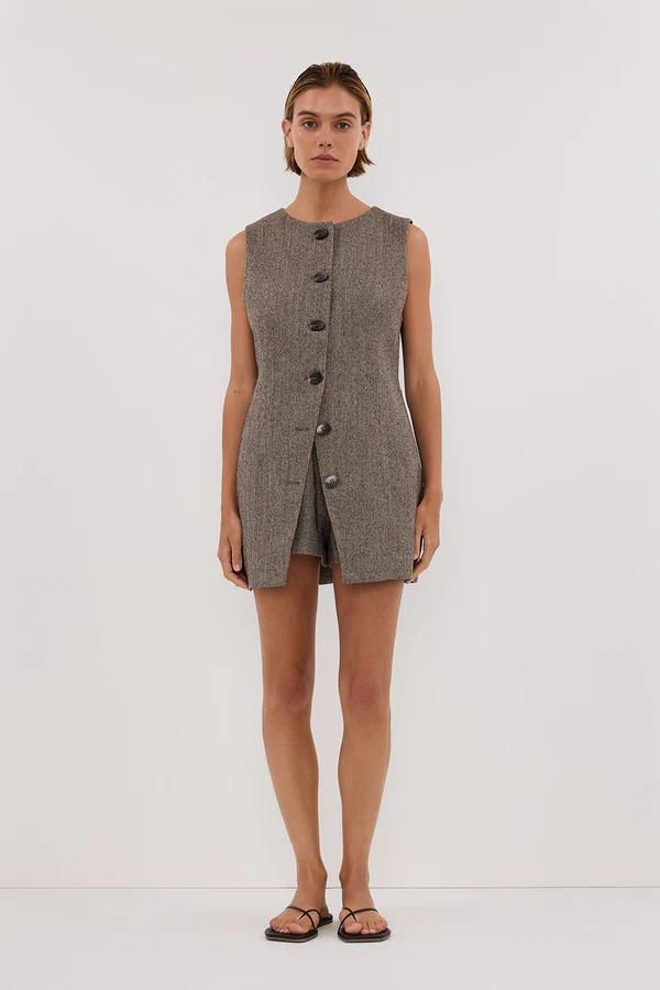 Women's Brown Tweed Tunic Vest Set with Boxer Shorts – Size M