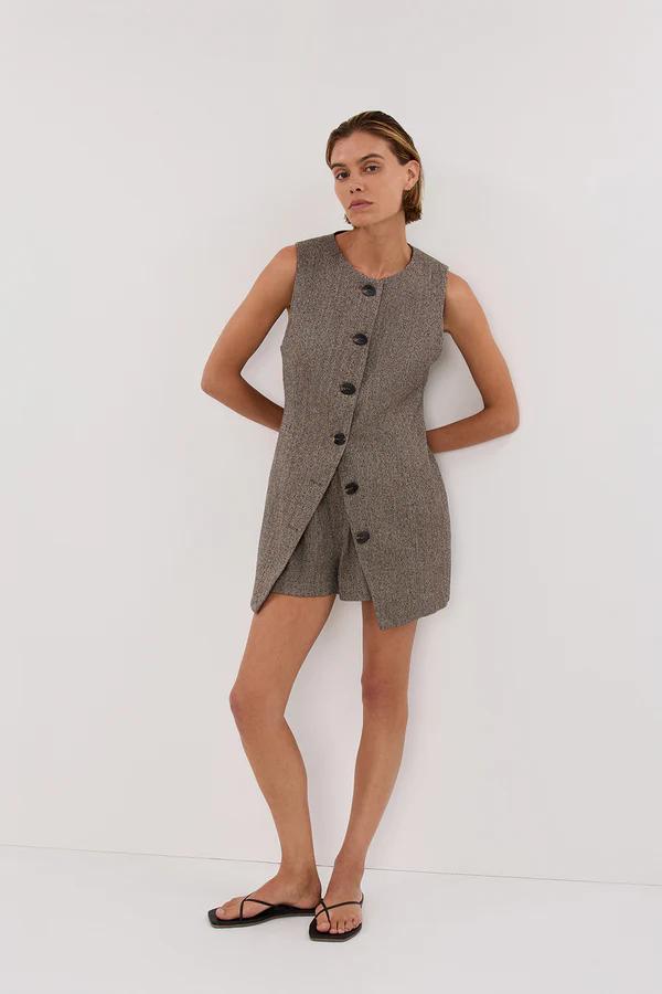 Women's Brown Tweed Tunic Vest Set with Boxer Shorts – Size M