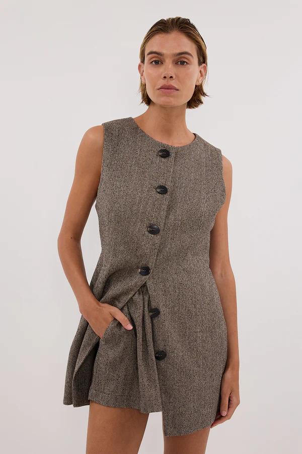 Women's Brown Tweed Tunic Vest Set with Boxer Shorts – Size M