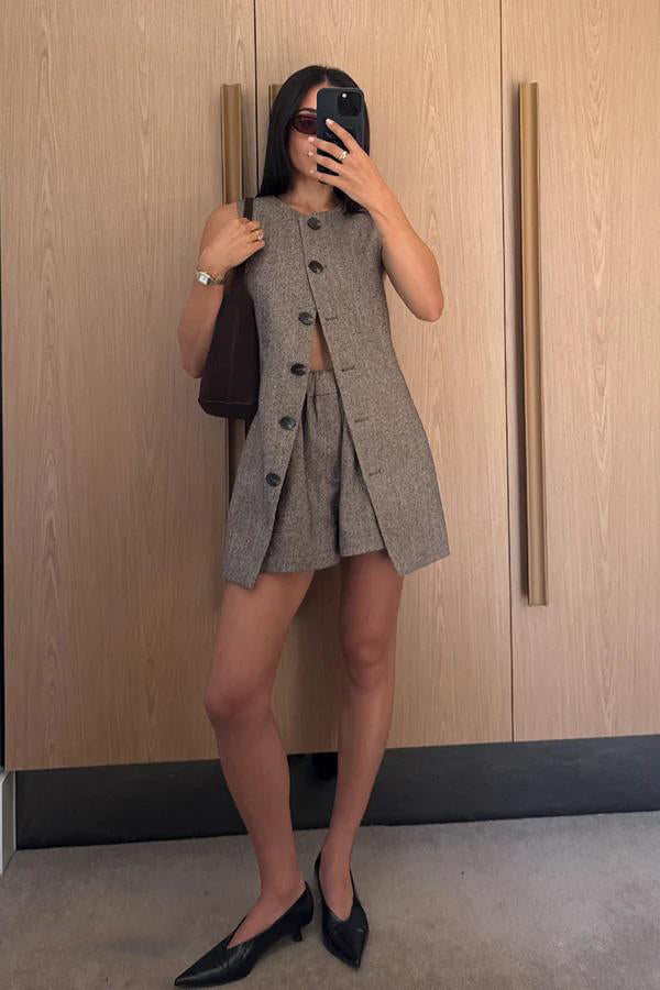 Women's Brown Tweed Tunic Vest Set with Boxer Shorts – Size M