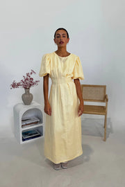 Women's Butter Yellow Maxi Dress with Puffed Sleeves – Size M, Breathable Fabric
