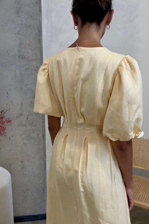 Women's Butter Yellow Maxi Dress with Puffed Sleeves – Size M, Breathable Fabric