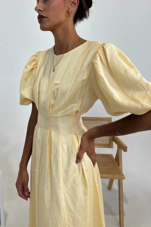 Women's Butter Yellow Maxi Dress with Puffed Sleeves – Size M, Breathable Fabric