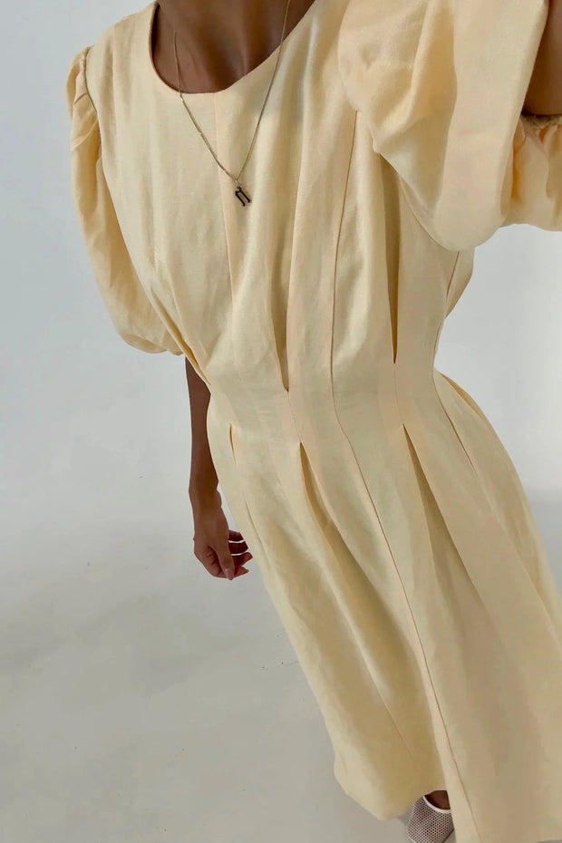 Women's Butter Yellow Maxi Dress with Puffed Sleeves – Size M, Breathable Fabric