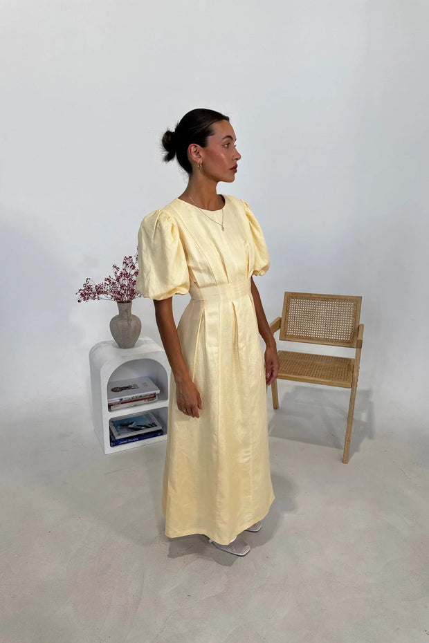 Women's Butter Yellow Maxi Dress with Puffed Sleeves – Size M, Breathable Fabric