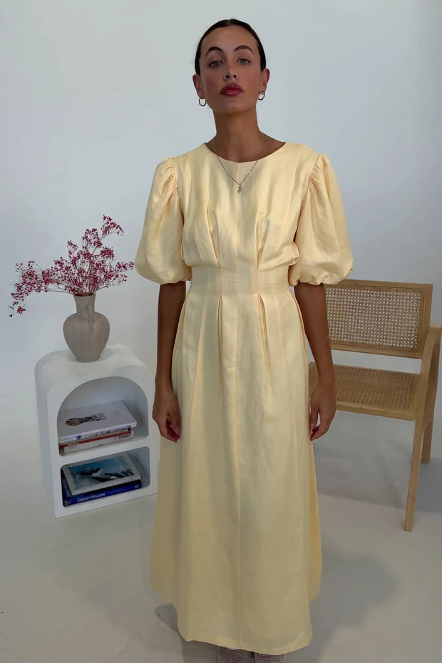 Women's Butter Yellow Maxi Dress with Puffed Sleeves – Size M, Breathable Fabric