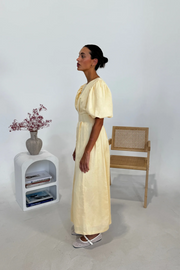 Women's Butter Yellow Maxi Dress with Puffed Sleeves – Size M, Breathable Fabric