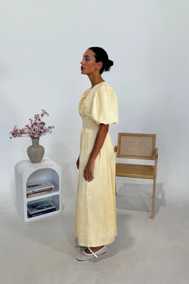 Women's Butter Yellow Maxi Dress with Puffed Sleeves – Size M, Breathable Fabric
