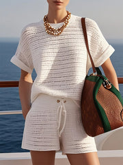 Women's Casual White Knit Shorts Suit with Hollow Design – Comfortable and Stylish Outfit