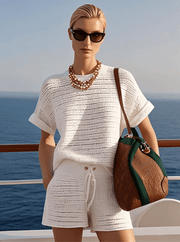 Women's Casual White Knit Shorts Suit with Hollow Design – Comfortable and Stylish Outfit