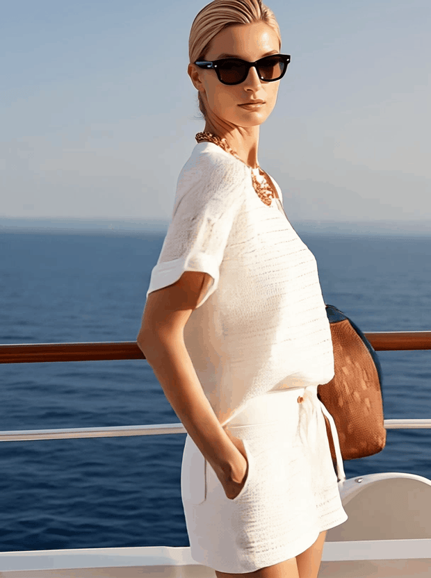 Women's Casual White Knit Shorts Suit with Hollow Design – Comfortable and Stylish Outfit