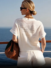 Women's Casual White Knit Shorts Suit with Hollow Design – Comfortable and Stylish Outfit