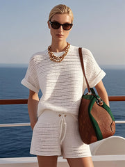 Women's Casual White Knit Shorts Suit with Hollow Design – Comfortable and Stylish Outfit