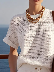 Women's Casual White Knit Shorts Suit with Hollow Design – Comfortable and Stylish Outfit