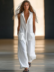 Women's Casual White Linen Sleeveless Wide Leg Jumpsuit - Comfortable and Breathable