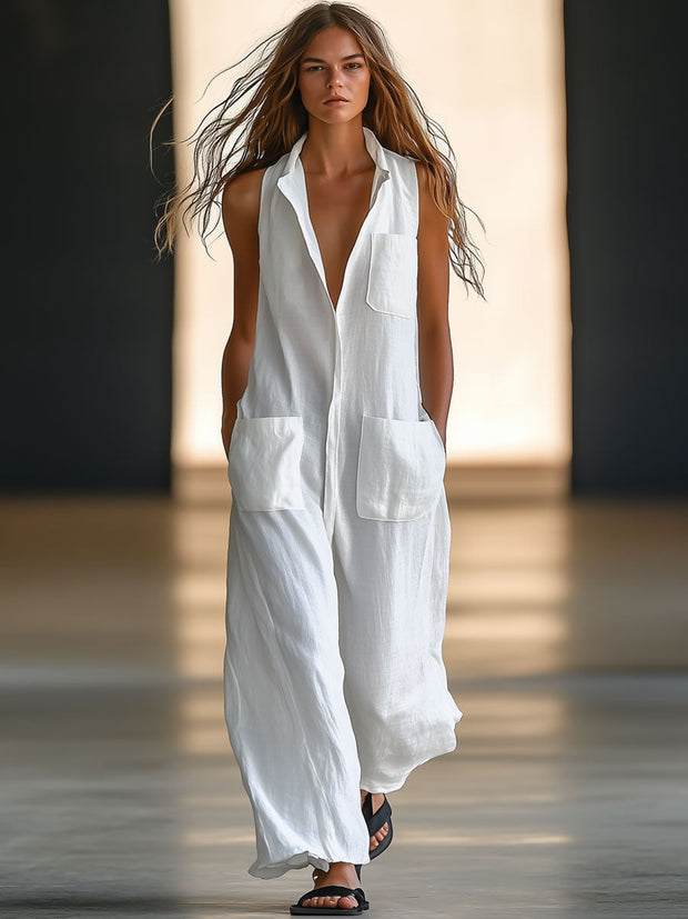 Women's Casual White Linen Sleeveless Wide Leg Jumpsuit - Comfortable and Breathable