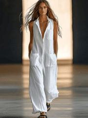 Women's Casual White Linen Sleeveless Wide Leg Jumpsuit - Comfortable and Breathable