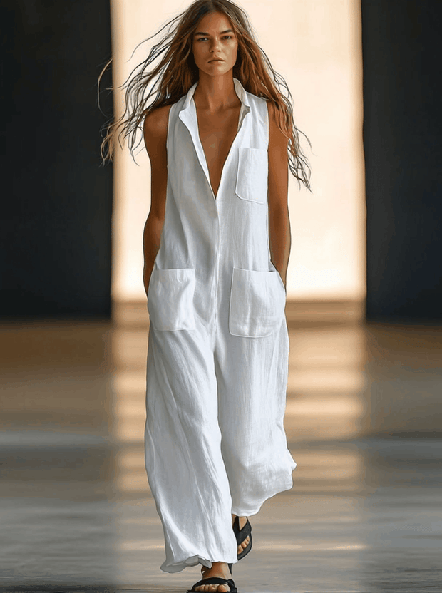 Women's Casual White Linen Sleeveless Wide Leg Jumpsuit - Comfortable and Breathable