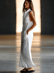 Women's Casual White Linen Sleeveless Wide Leg Jumpsuit - Comfortable and Breathable
