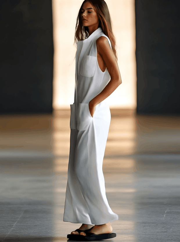 Women's Casual White Linen Sleeveless Wide Leg Jumpsuit - Comfortable and Breathable