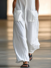 Women's Casual White Linen Sleeveless Wide Leg Jumpsuit - Comfortable and Breathable