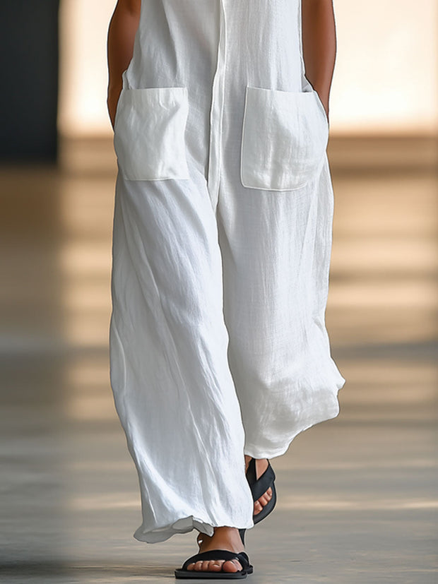 Women's Casual White Linen Sleeveless Wide Leg Jumpsuit - Comfortable and Breathable