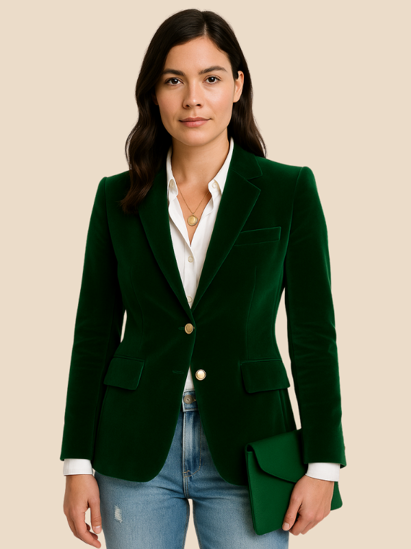 Women's Emerald Velvet Blazer with Gold-Tone Buttons – Elegant Single-Breasted Structured Fit for Any Occasion