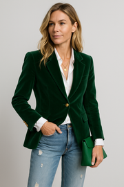 Women's Emerald Velvet Blazer with Gold-Tone Buttons – Elegant Single-Breasted Structured Fit for Any Occasion