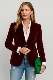 Women's Emerald Velvet Blazer with Gold-Tone Buttons – Elegant Single-Breasted Structured Fit for Any Occasion