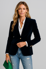 Women's Emerald Velvet Blazer with Gold-Tone Buttons – Elegant Single-Breasted Structured Fit for Any Occasion
