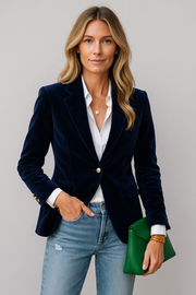 Women's Emerald Velvet Blazer with Gold-Tone Buttons – Elegant Single-Breasted Structured Fit for Any Occasion