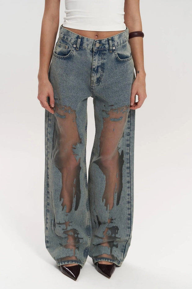 Women's High Waist Transparent Jeans - Chic Blue Cotton Pants in Size M