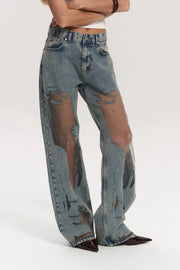 Women's High Waist Transparent Jeans - Chic Blue Cotton Pants in Size M
