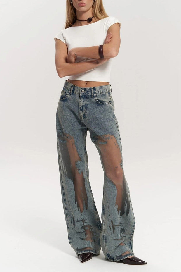 Women's High Waist Transparent Jeans - Chic Blue Cotton Pants in Size M
