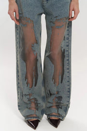 Women's High Waist Transparent Jeans - Chic Blue Cotton Pants in Size M