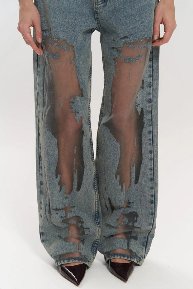Women's High Waist Transparent Jeans - Chic Blue Cotton Pants in Size M